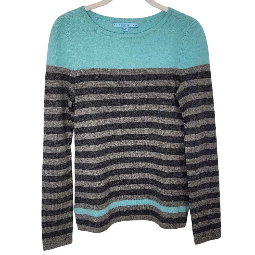 Antonio Melani XS Cashmere Sweater Striped Color Block Aqua Gray Knitwear